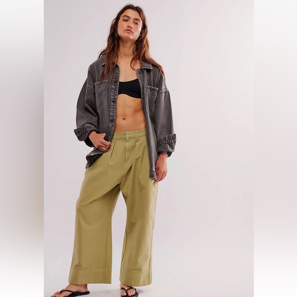 FREE PEOPLE Sweet Talk Wide-Leg Chino Pants in Basil